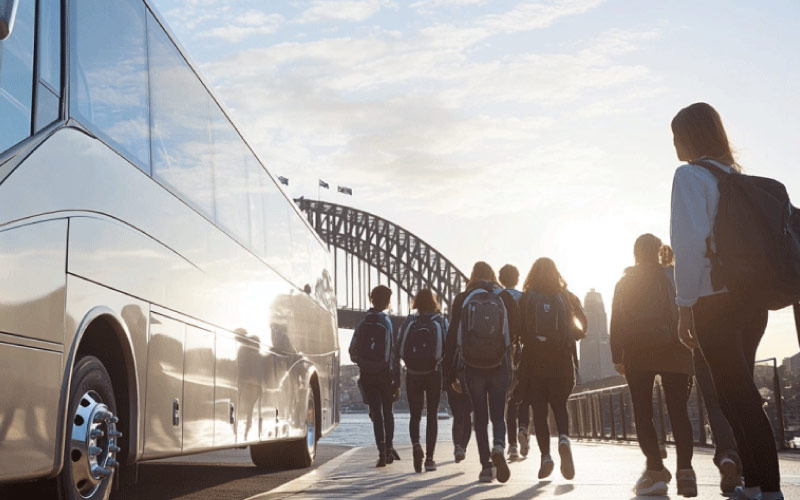 group of kids boarding a bus, student travel, October 2024, Australia
